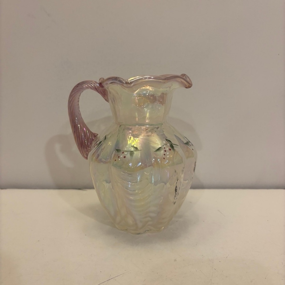 Fenton white glass picture with pink handle